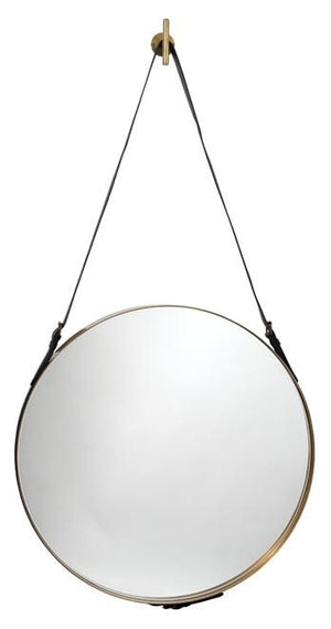 Jamie Young Large Round Mirror in Antique Brass & Black Leather Strap