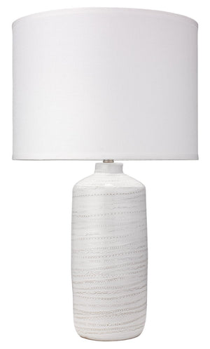 Jamie Young Trace Table Lamp in White Ceramic with Large Drum Shade in White Linen