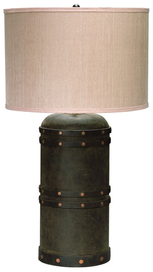 Jamie Young Barrel Table Lamp in Vintage Leather with Classic Drum Shade in Elephant Hemp
