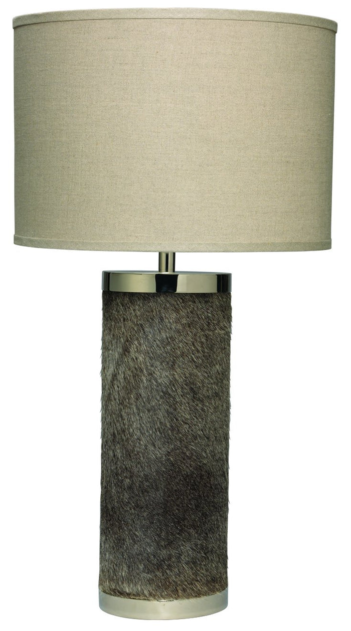 Jamie Young Column Table Lamp in Grey Hide with Classic Drum Shade in Natural Linen