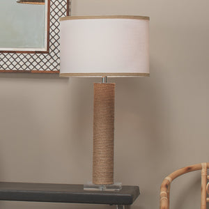 Jamie Young Cylinder Rope Table Lamp in Jute with Medium Drum Shade in White Linen with Natural Burlap Trim