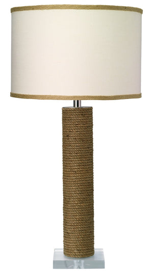 Jamie Young Cylinder Rope Table Lamp in Jute with Medium Drum Shade in White Linen with Natural Burlap Trim