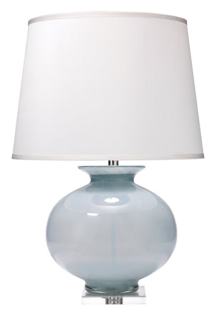 Jamie Young Heirloom Table Lamp in Cornflower Blue Glass with Large Open Cone Shade in White Linen