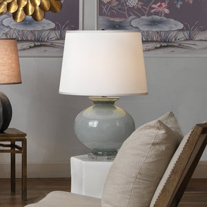 Jamie Young Heirloom Table Lamp in Cornflower Blue Glass with Large Open Cone Shade in White Linen