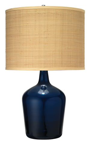Jamie Young Plum Jar Table Lamp, Medium in Navy Blue Glass with Classic Drum Shade in Raffia