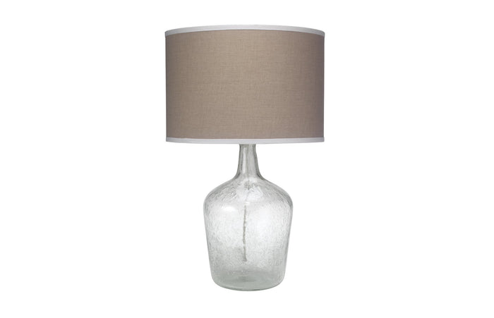 Jamie Young Plum Jar Table Lamp, Medium in Clear Seeded Glass with Classic Drum Shade in Natural Linen with White Linen Trim