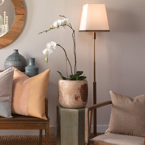 Jamie Young Jud Floor Lamp in Antique Brass with Large Square Open Cone Shade in White Linen