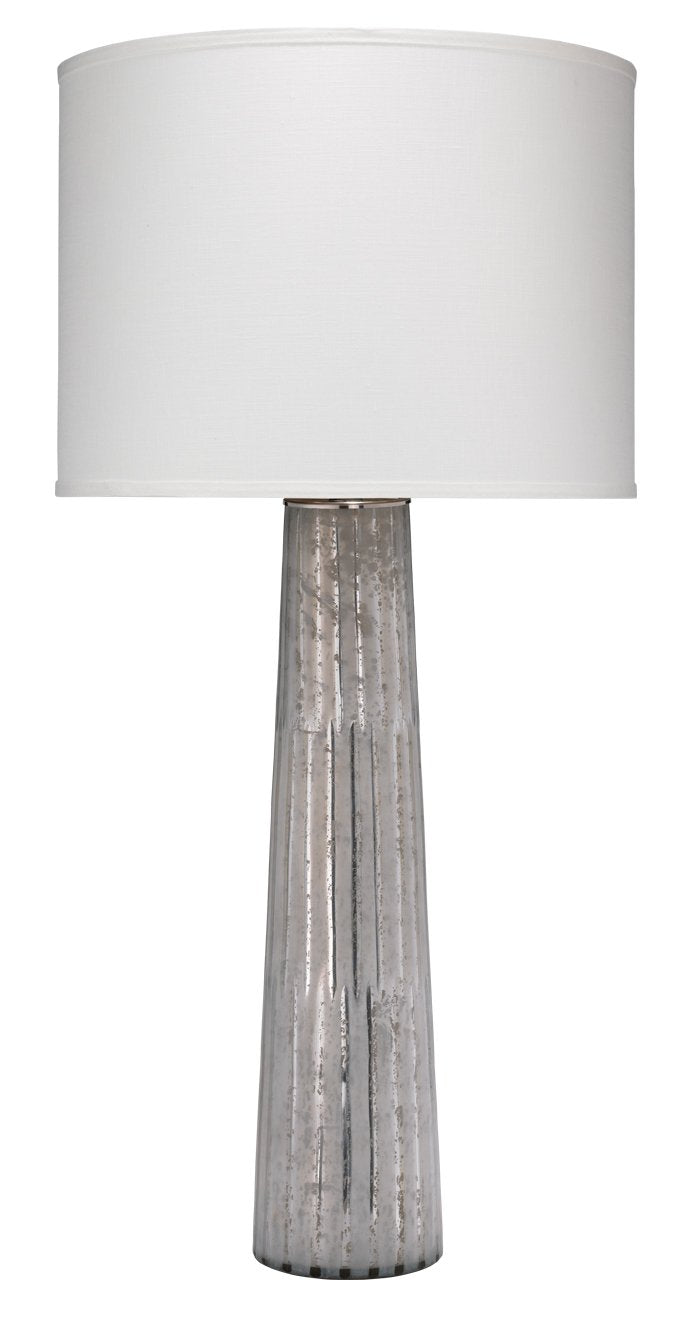 Jamie Young Striped Silver Pillar Table Lamp with Large Drum Shade in White Silk