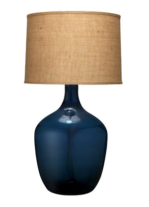 Jamie Young Plum Jar Table Lamp, Extra Large in Navy Blue Glass with Large Drum Shade in Natural Burlap