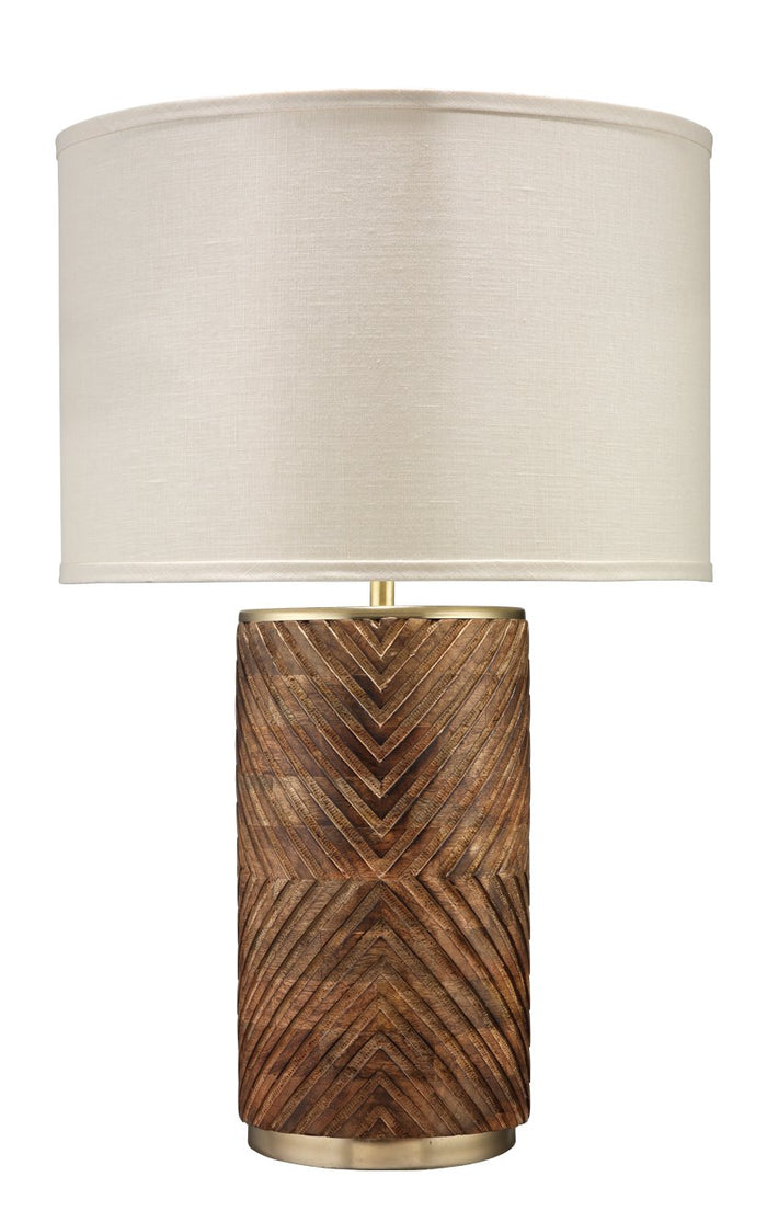 Jamie Young Refinery Table Lamp in Hand Carved Wood & Matte Brass Metal with Classic Drum Shade in Stone Linen