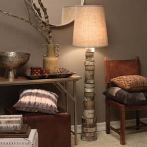 Jamie Young Stacked Horn Floor Lamp in Horn with Large Drum Shade in Elephant Hemp