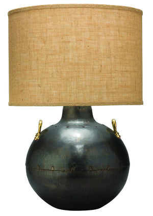 Jamie Young Two Handled Kettle Table Lamp in Iron with Classic Drum Shade in Natural Burlap
