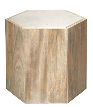 Jamie Young Large Argan Hexagon Table in Natural Wood & White Marble