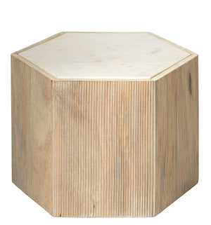 Jamie Young Medium Argan Hexagon Table in Natural Wood & White Marble