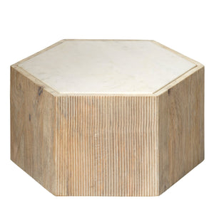 Jamie Young Small Argan Hexagon Table in Natural Wood & White Marble