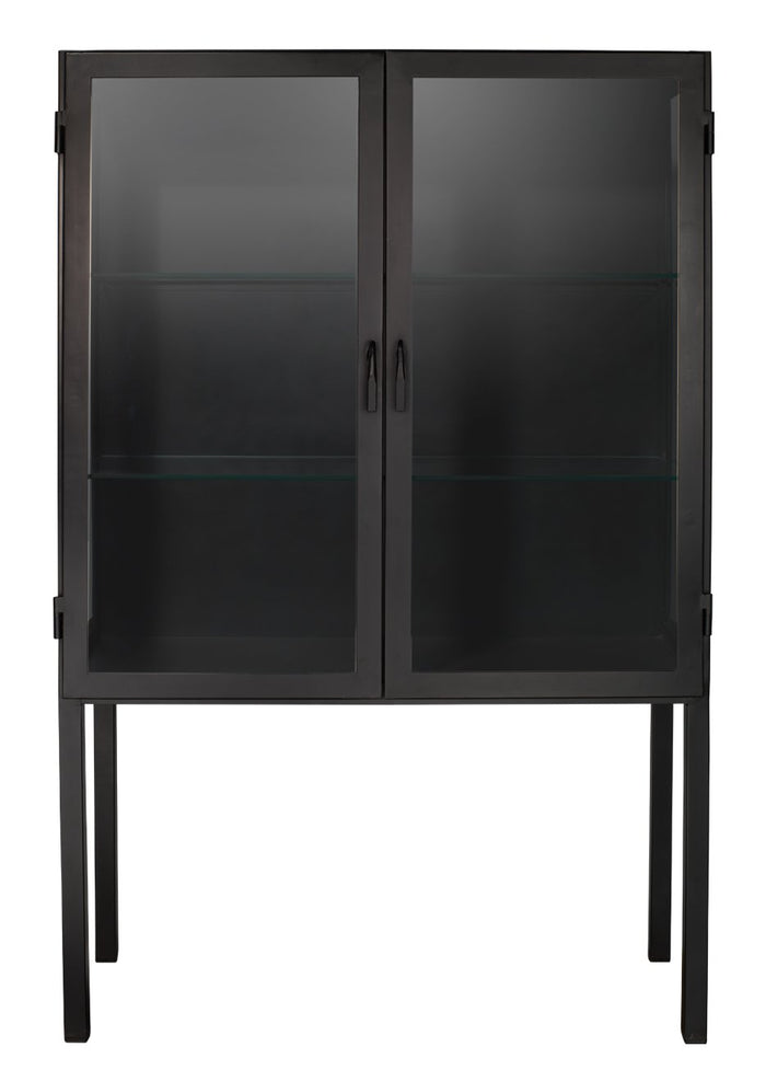 Jamie Young Chauncey Wide Curio Bar Cabinet in Black Iron & Clear Glass
