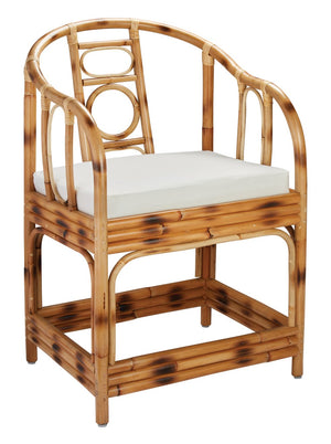 Jamie Young Malacca Round Back Arm Chair in Burnt Tortoiseshell Rattan with Off White Cushion