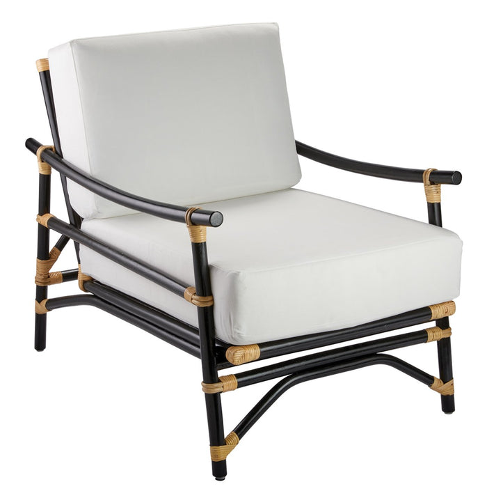 Jamie Young Xanadu Lounge Chair in Black & Cream Rattan with Off White Cushions