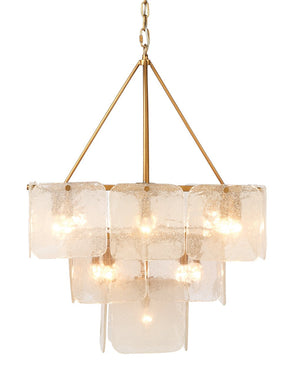 Jamie Young Perignon Three Tier Chandelier in Melted Ice Glass and Antique Brass