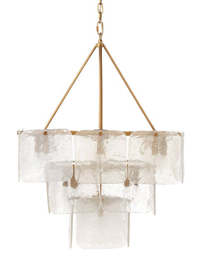 Jamie Young Perignon Three Tier Chandelier in Melted Ice Glass and Antique Brass