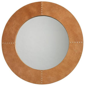 Jamie Young Round Cross Stitch Mirror in Buff Leather