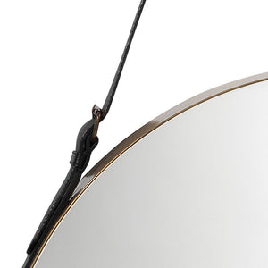 Jamie Young Large Round Mirror in Antique Brass & Black Leather Strap