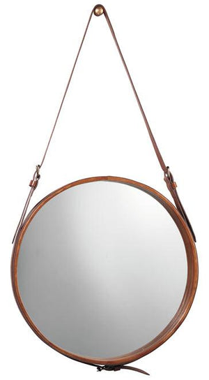 Jamie Young Large Round Mirror in Brown Leather