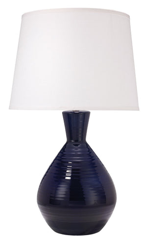 Jamie Young Ash Table Lamp in Navy Ceramic with Large Cone Shade in White Linen