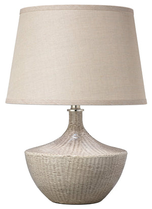 Jamie Young Basketweave Table Lamp in Off White Ceramic with Medium Open Cone Shade in Natural Linen