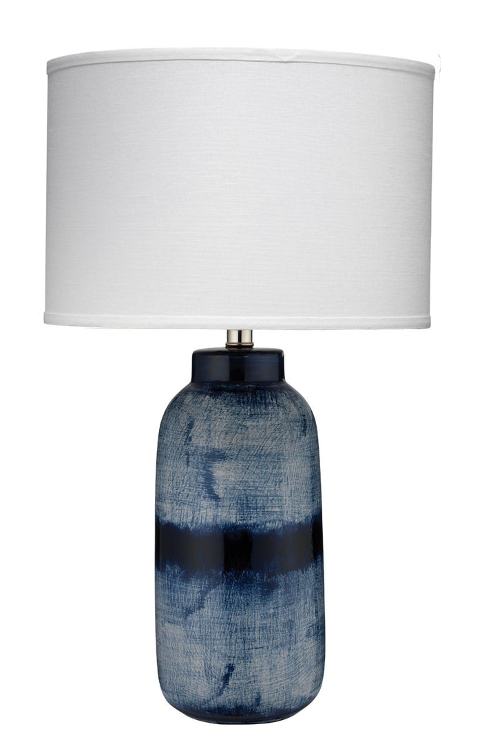 Jamie Young Large Batik Table Lamp in Indigo Ceramic with Medium Drum Shade in White Linen