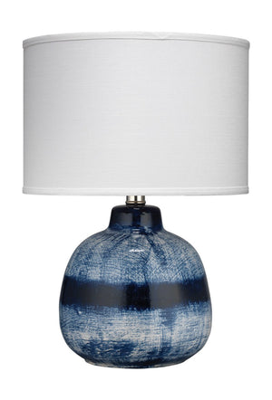 Jamie Young Small Batik Table Lamp in Indigo Ceramic with Small Drum Shade in White Linen