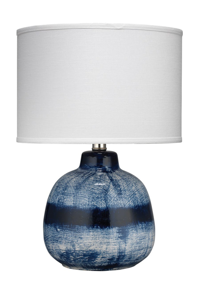 Jamie Young Small Batik Table Lamp in Indigo Ceramic with Small Drum Shade in White Linen
