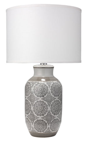 Jamie Young Beatrice Table Lamp in Grey Ceramic with Classic Drum Shade in Stone Linen