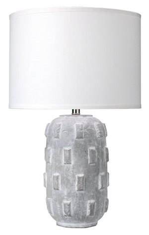 Jamie Young Boulder Table Lamp in Grey Ceramic with Classic Drum Shade in White Linen
