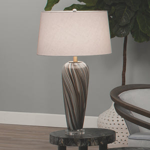 Jamie Young Bridgette Table Lamp in Grey & Black Swirled Glass with Cone Shade in White Linen