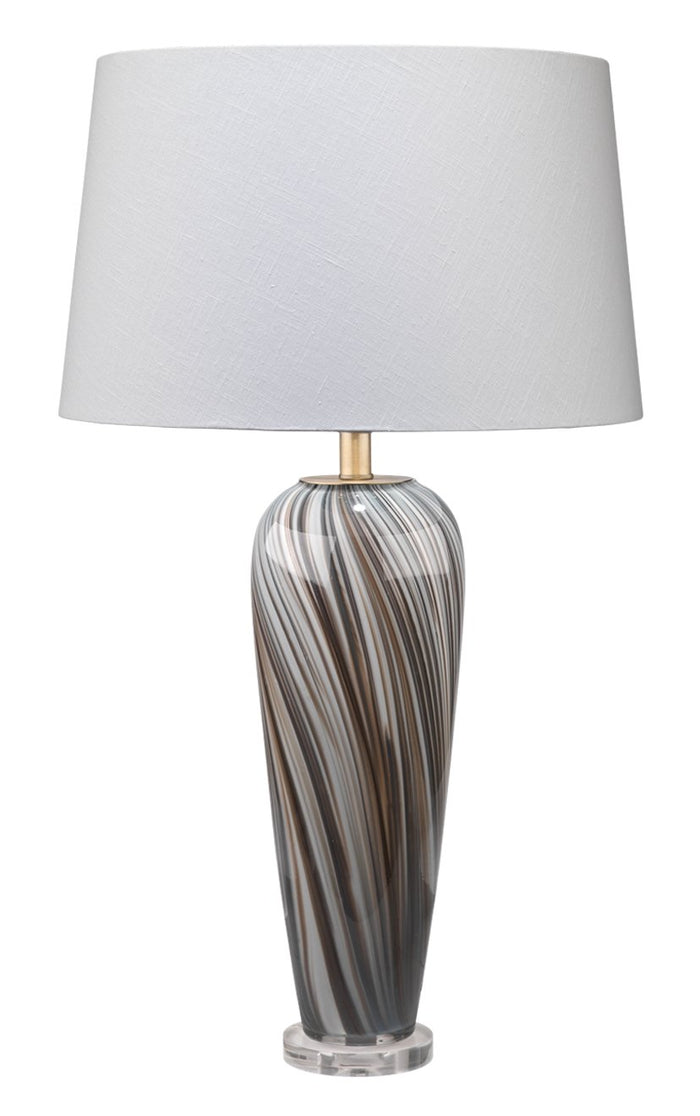 Jamie Young Bridgette Table Lamp in Grey & Black Swirled Glass with Cone Shade in White Linen