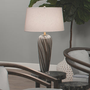 Jamie Young Bridgette Table Lamp in Grey & Black Swirled Glass with Cone Shade in White Linen