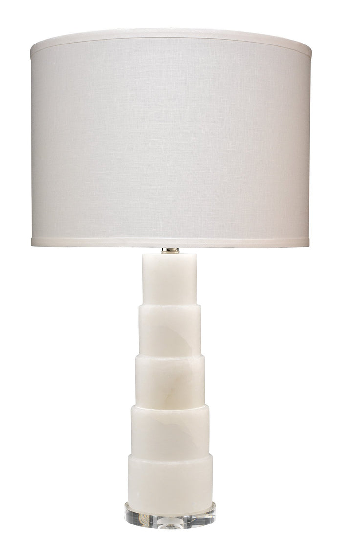 Jamie Young Caspian Table Lamp in White Alabaster with Classic Drum Shade in White Linen