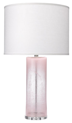 Jamie Young Dahlia Table Lamp in Pink Glass with Large Drum Shade in Sea Salt Linen
