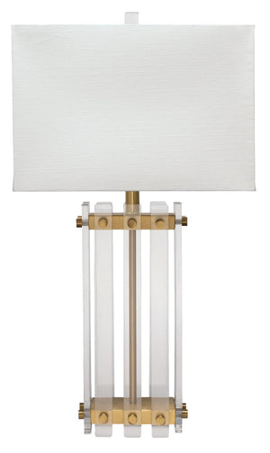 Jamie Young Grammercy Table Lamp in Acrylic & Antique Brass Metal with Rectangle Shade in Sea Salt Linen