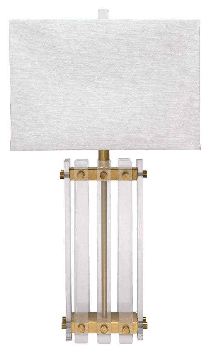 Jamie Young Grammercy Table Lamp in Acrylic & Antique Brass Metal with Rectangle Shade in Sea Salt Linen
