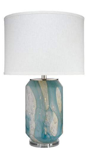 Jamie Young Helen Table Lamp in Pale Blue Glass with Classic Drum Shade in Sea Salt Linen