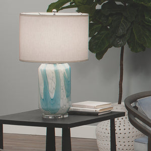 Jamie Young Helen Table Lamp in Pale Blue Glass with Classic Drum Shade in Sea Salt Linen