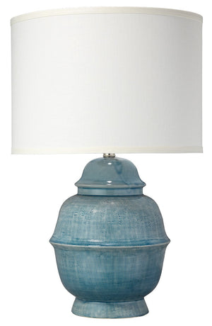Jamie Young Kaya Table Lamp in Blue Ceramic with Classic Drum Shade in Sea Salt Linen