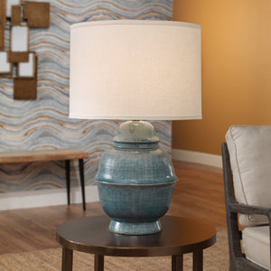 Jamie Young Kaya Table Lamp in Blue Ceramic with Classic Drum Shade in Sea Salt Linen
