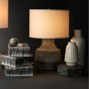 Jamie Young Masonry Table Lamp in Grey Ceramic with Classic Drum Shade in White Linen