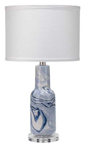 Jamie Young Nebula Table Lamp in Blue & White Ceramic Swirl with Small Drum Shade in White Linen