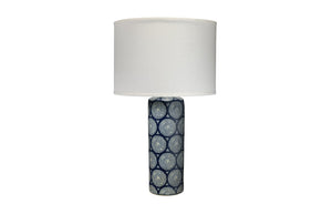 Jamie Young Neva Table Lamp in Blue and White Ceramic with Classic Drum Shade in White Linen