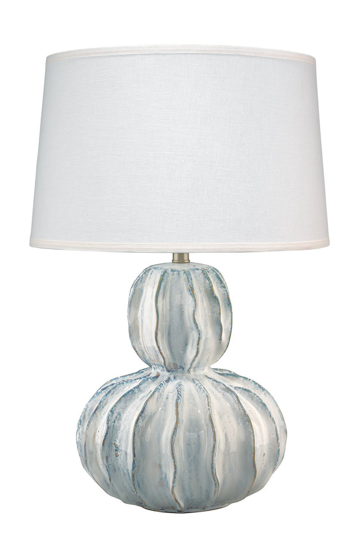 Jamie Young Oceane Gourd Table Lamp in White Ceramic with Custom Cone Shade in White Linen