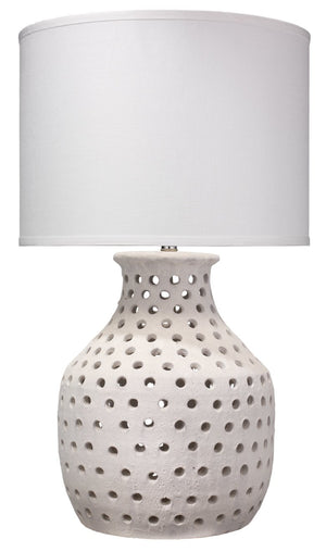 Jamie Young Porous Table Lamp in White Matte Ceramic with Large Drum Shade in White Linen